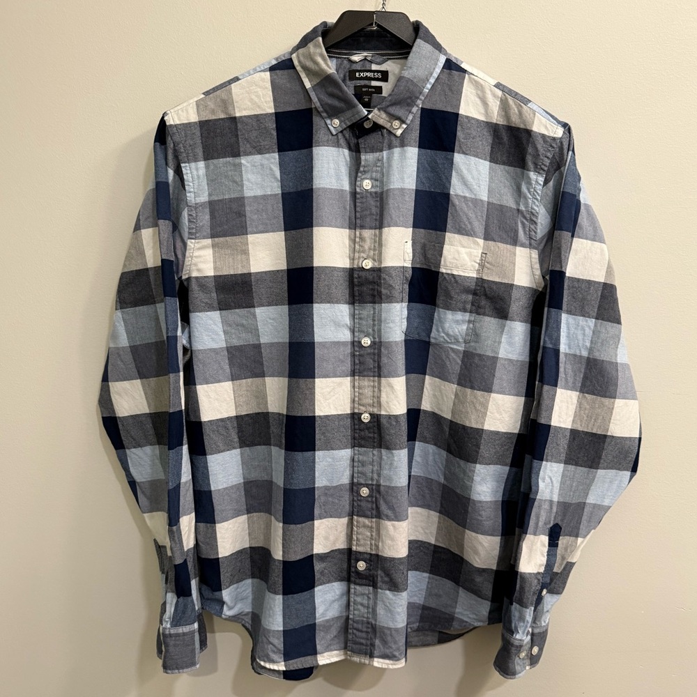 Express - Soft Wash Button Down Shirt - Blue/White - XL